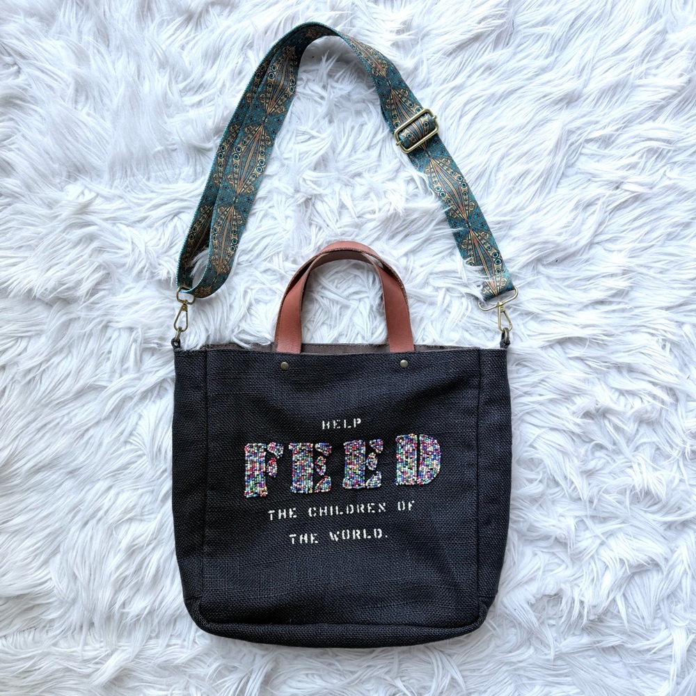 FEED Projects Black Burlap Jute Cotton Crossbody Tote Bag Purse Hand Beading